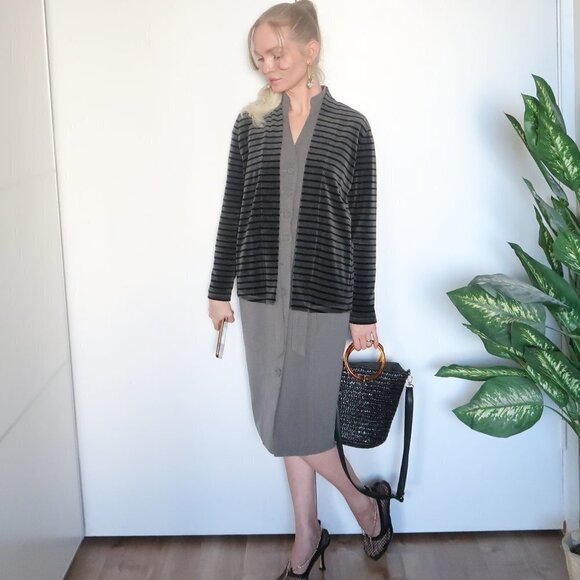 Talbots Grey & Black Striped Open Front Velvet Cardigan - Picture 8 of 16